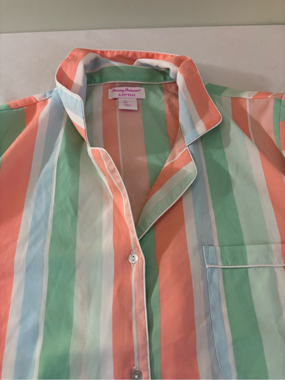 Tommy Bahama Pastel Stripe Button-Front Pajamas in Coral, Mint & Sky Size L